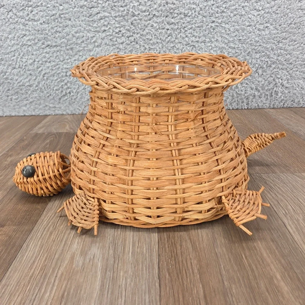 Vintage Interpur Woven Wicker Turtle Basket Planter with Plastic Liner Taiwan
